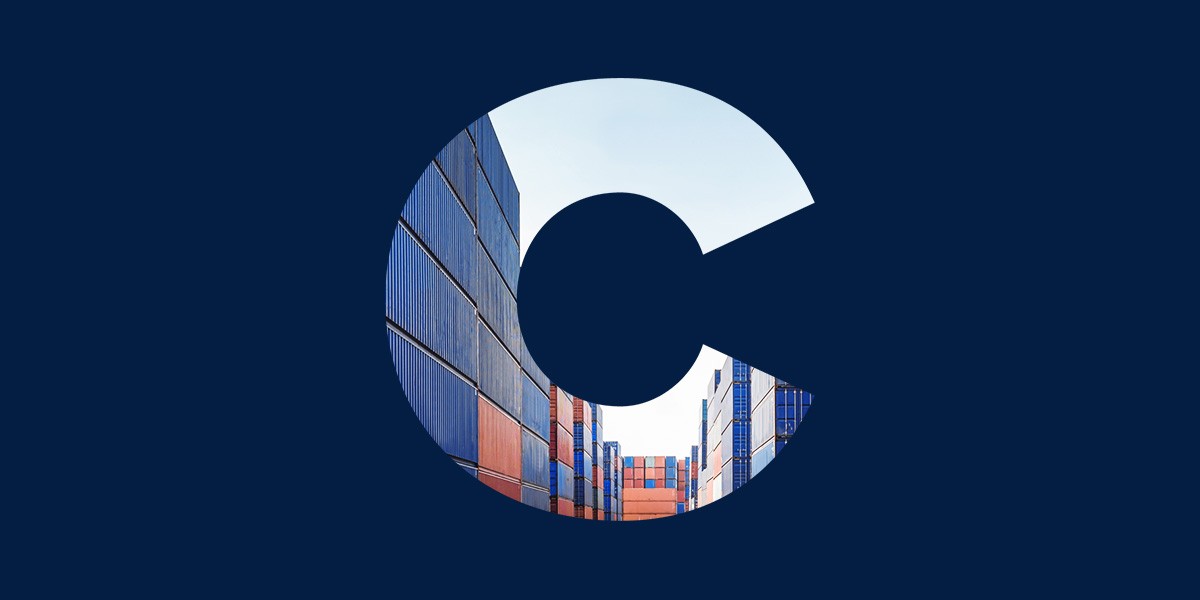 Large "C" with image of shipping containers within it