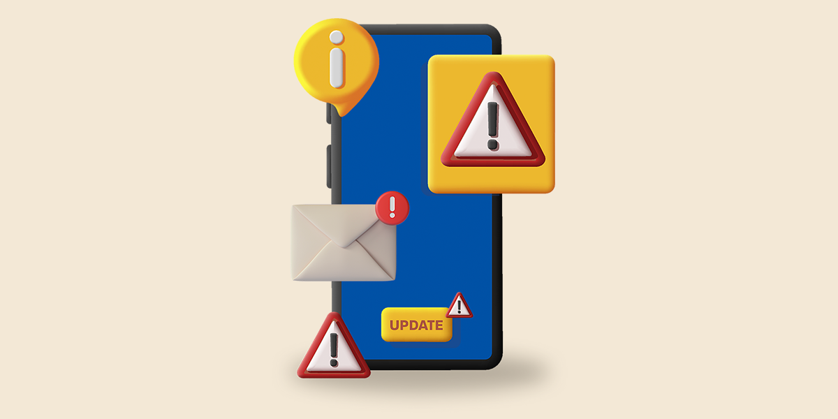 Animated phone with warning icons surrounding it