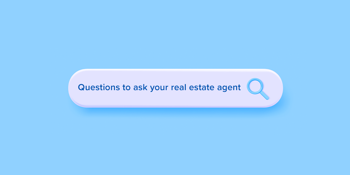 Search bar with "Questions to ask your real estate agent" query 