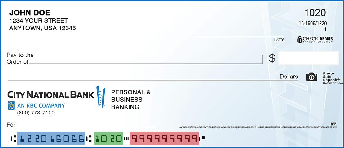 A sample City National Bank check showing the first 9 numbers as the A-B-A check routing number, the next four numbers are the check number, and the final 9 numbers are the account number. 